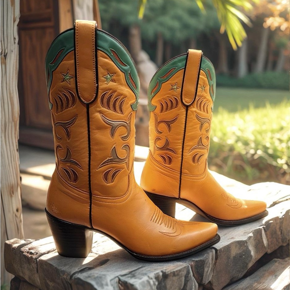 Women’s Size 8.5 M - Caborca Vintage Cowboy Western Boots Star Inlays